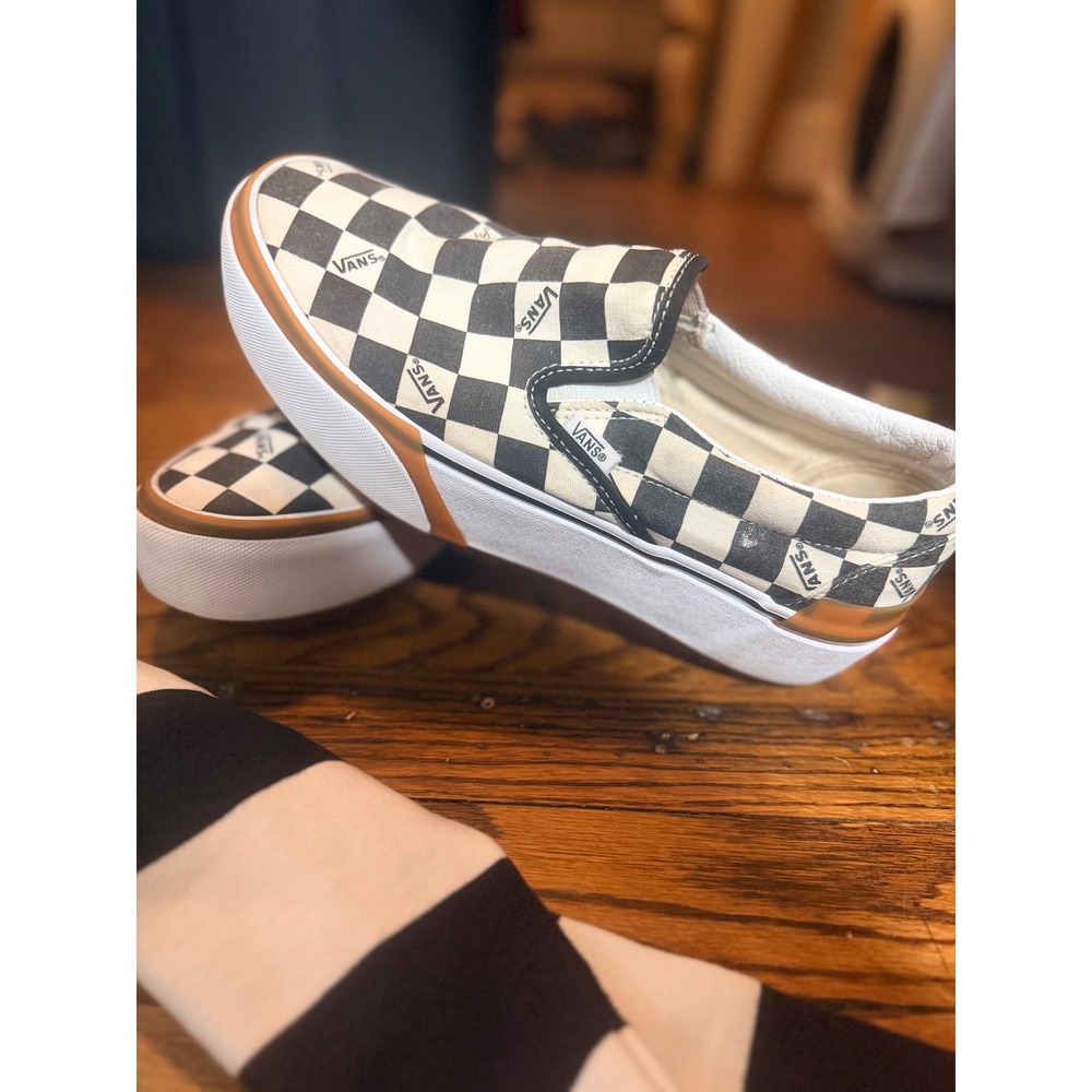 Vans Slip-On Stacked Women 9 Black White Checkerboard Good Platform Sneakers